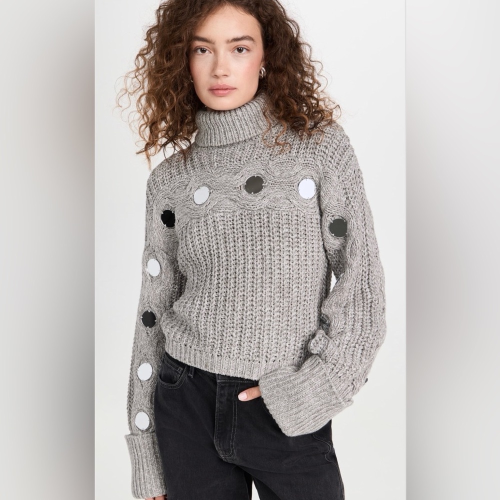 STAUD Gray Chunky Knit Mirror Embellished Turtleneck Sweater Size M